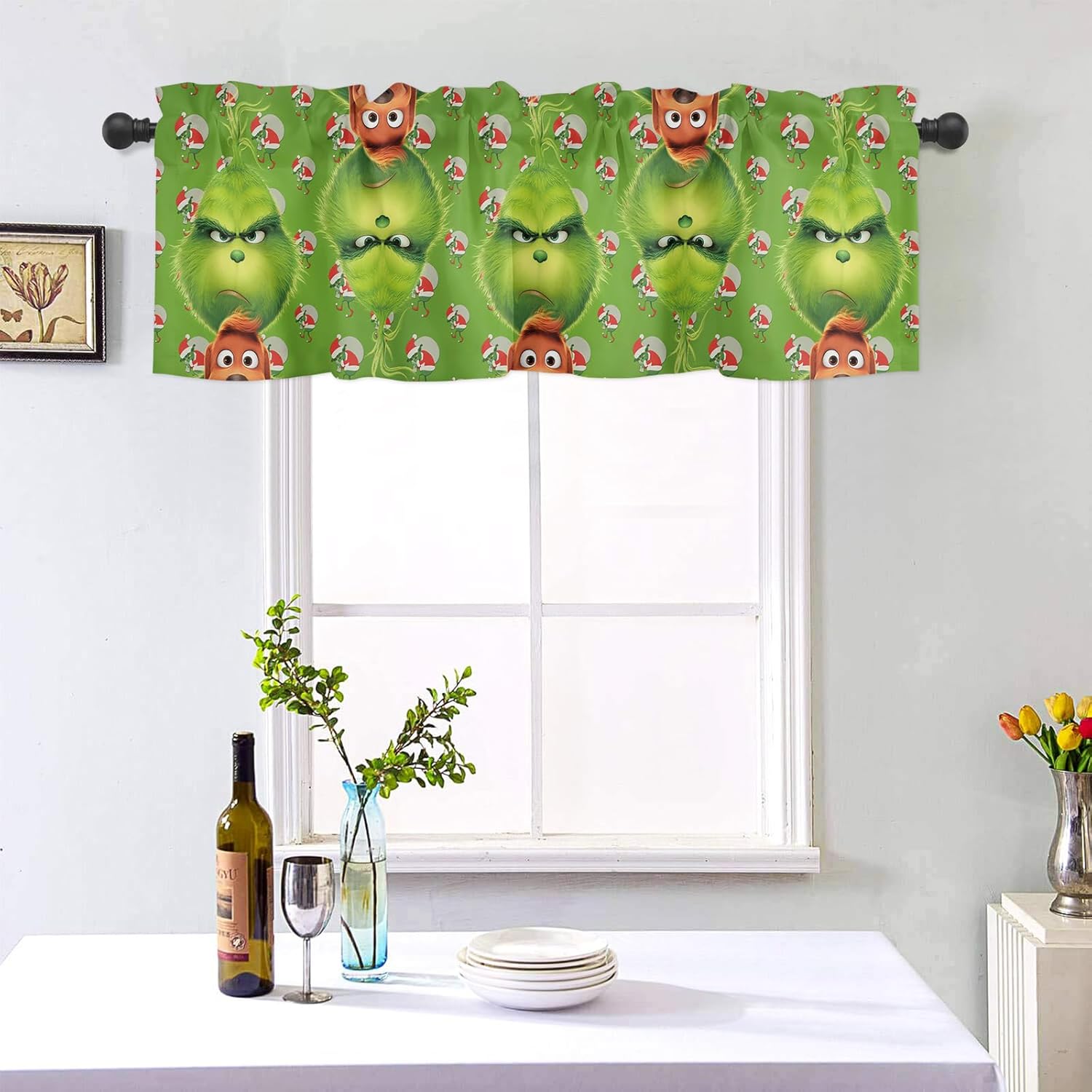 Cenefa de ventana de Navidad de monstruo verde para cocina, sala de estar, cortina de ventana de Feliz Grinchmas para dormitorio, cenefa de ventana