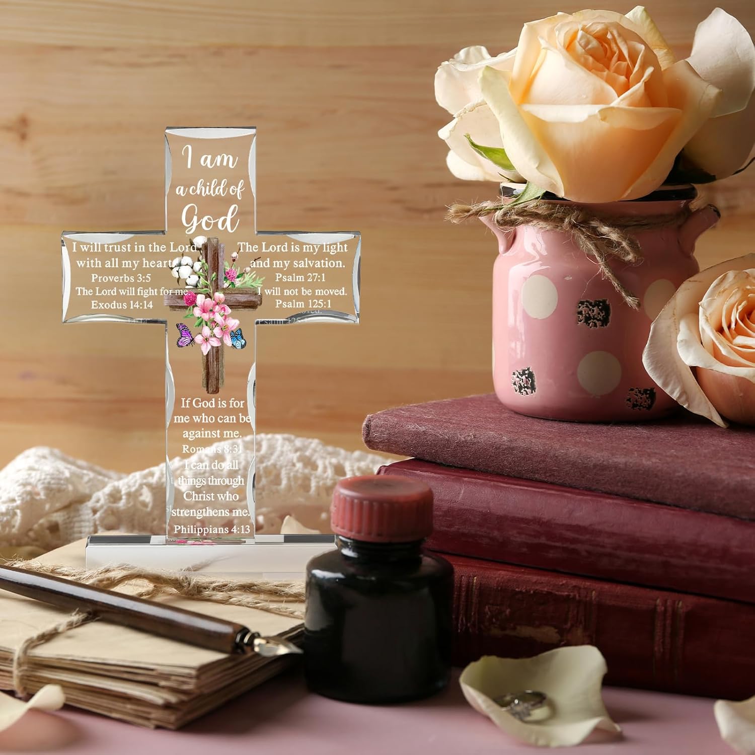 Regalos inspiradores de cruz cristiana de acrílico con versículos de la Biblia y oraciones, girasol, regalos religiosos de las Escrituras para