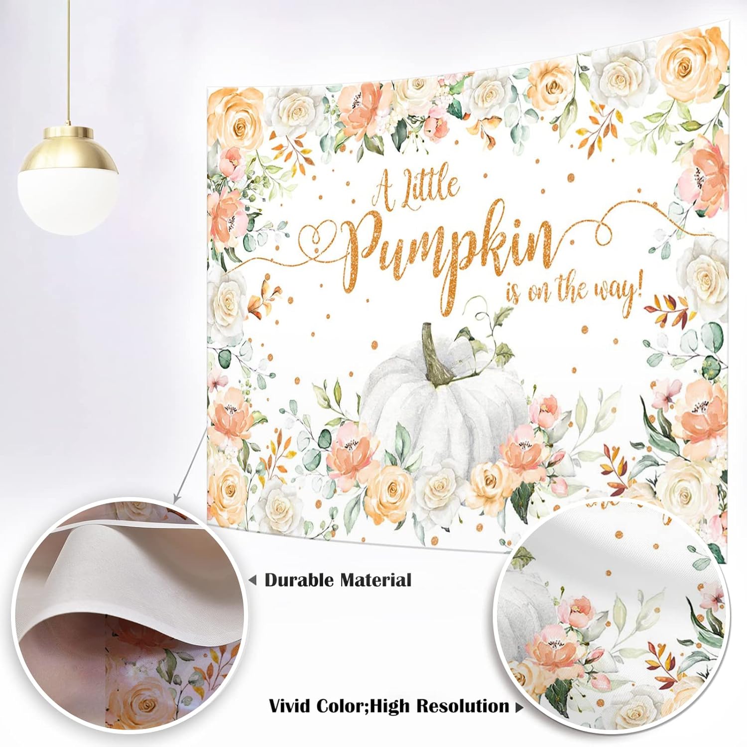 Mocsicka Telón de fondo de calabaza otoñal para baby shower, decoración de fiesta de otoño con texto en inglés “A Little Pumpkin is on The Way”,