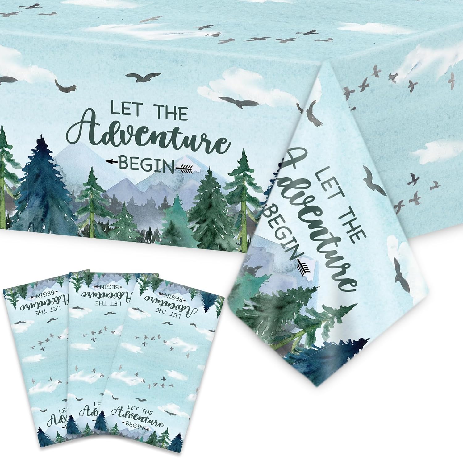 Mantel de 3 piezas con texto en inglés “Adventure Awaits Let The Adventure Begin”, mantel rectangular desechable de plástico para baby shower,