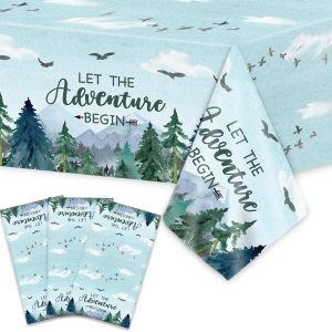 Mantel de 3 piezas con texto en inglés “Adventure Awaits Let The Adventure Begin”, mantel rectangular desechable de plástico para baby shower, Mantel de 3 piezas con texto en inglés “Adventure Awaits Let The Adventure Begin”, mantel rectangular desechable de plástico para baby shower,