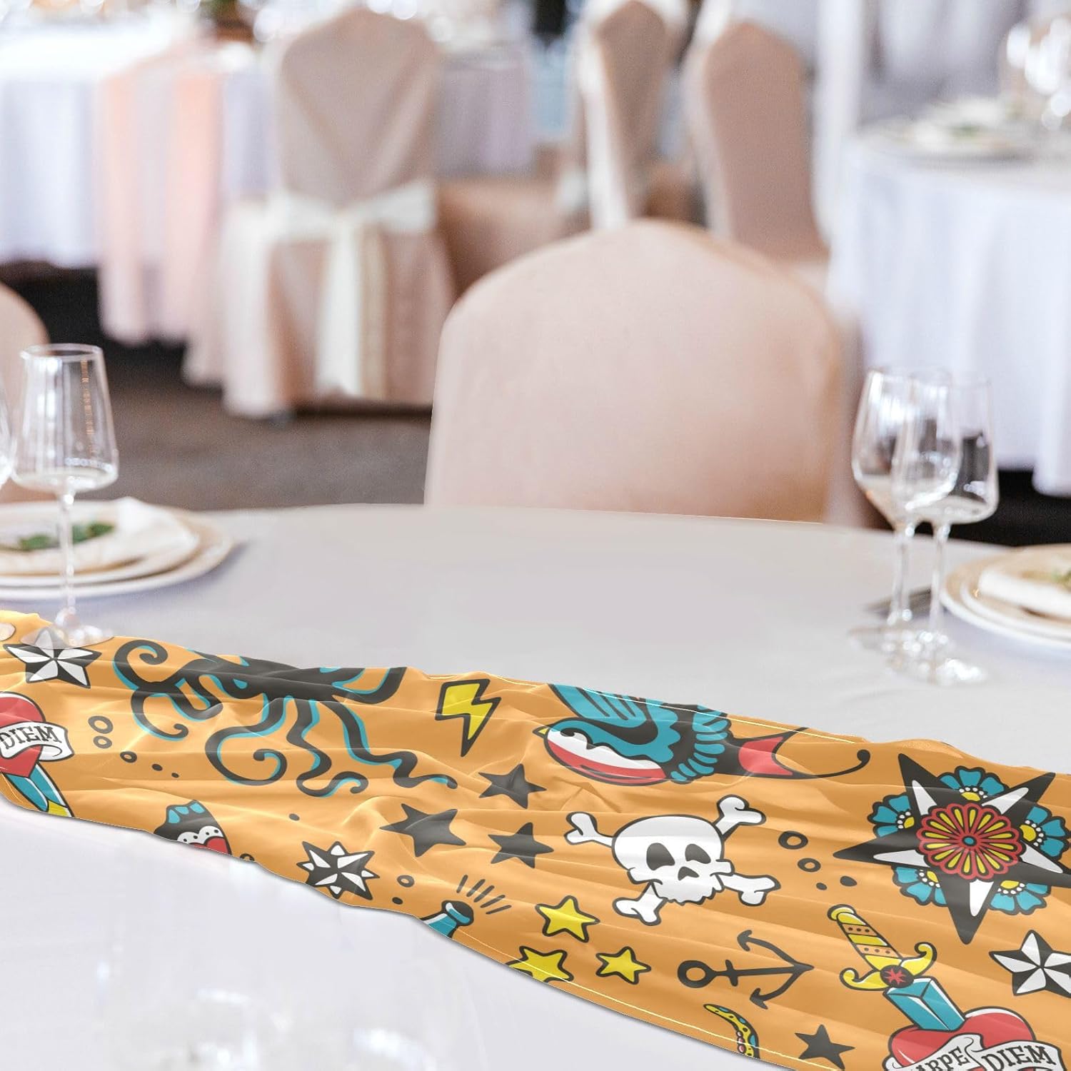 Sailing Ocean Adventure Halloween Butterfly Skull Snake Table Runner Autumn Table Runner for Desk Decor Halloween Kitchen Decor 120 Inches Long