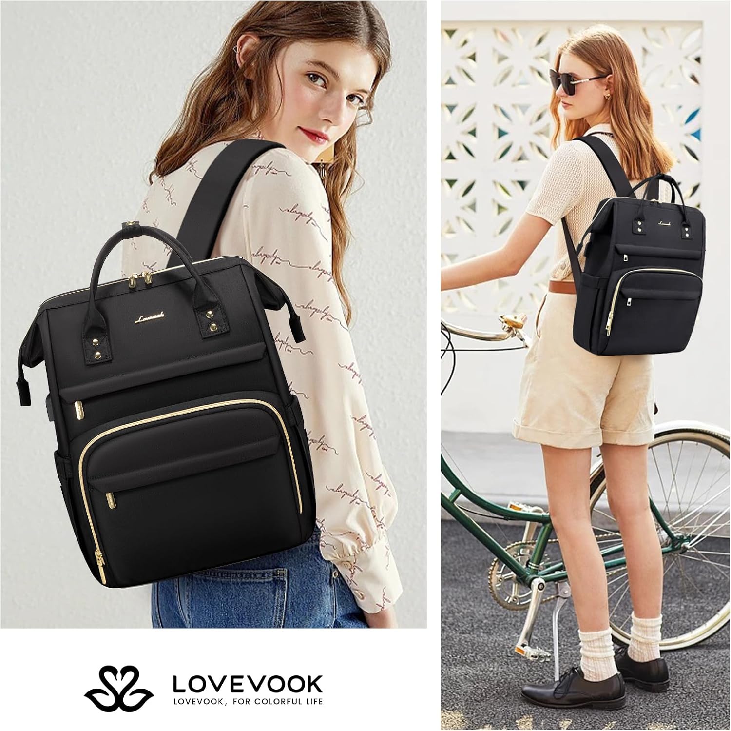 Mochila para computadora portátil para mujer, de moda, para viaje, con puerto USB, Negro), 146901LK-17