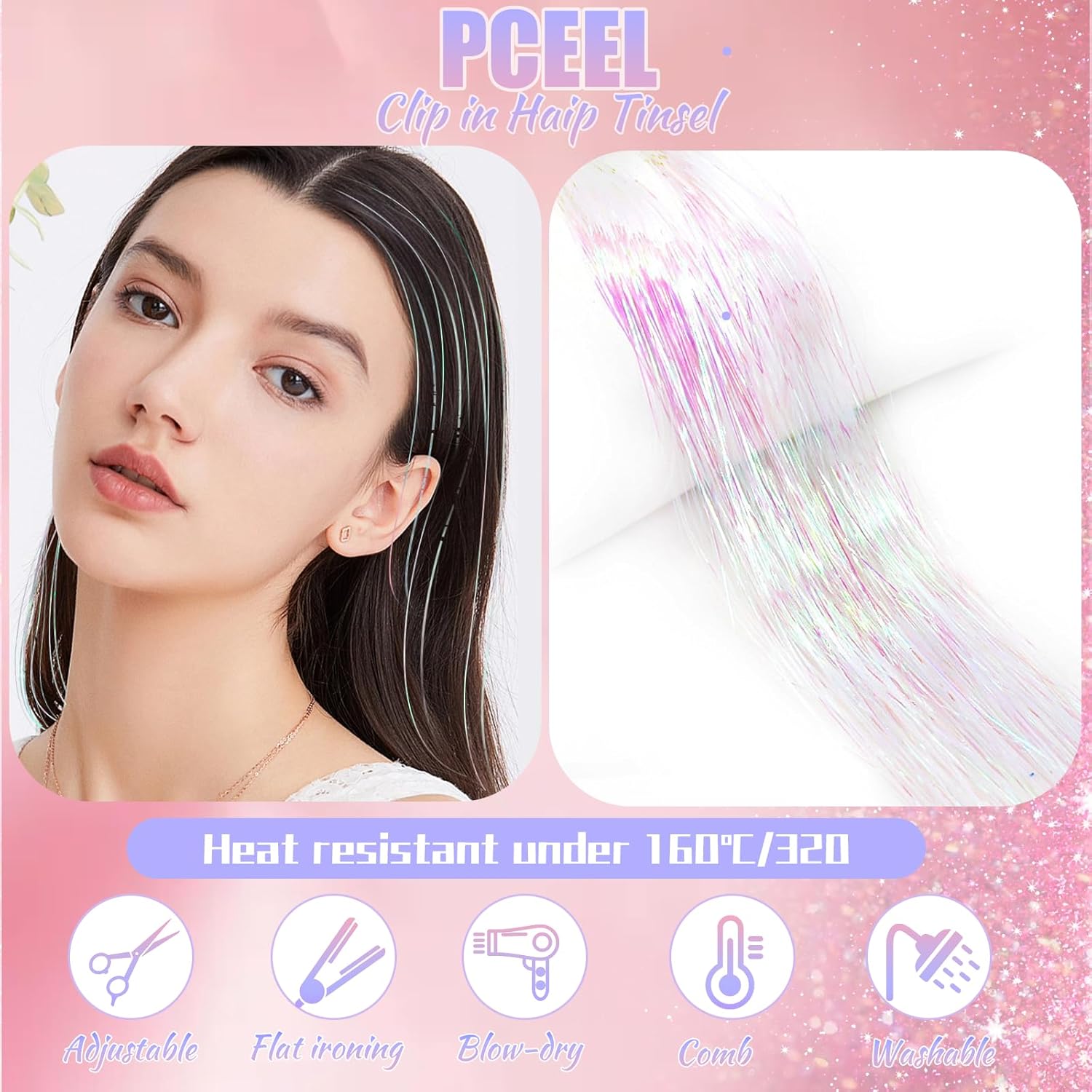 Kit de oropel de cabello con clip, 12 piezas, extensiones de cabello de 20 pulgadas, resistente al calor, kit de oropel de cabello de hadas, clip de