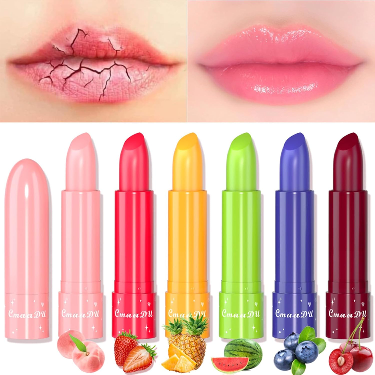Gireatick Juego de 6 lápices labiales que cambian de color con sabor a fruta, bálsamo labial de pH, ingredientes naturales, maquillaje hidratante de