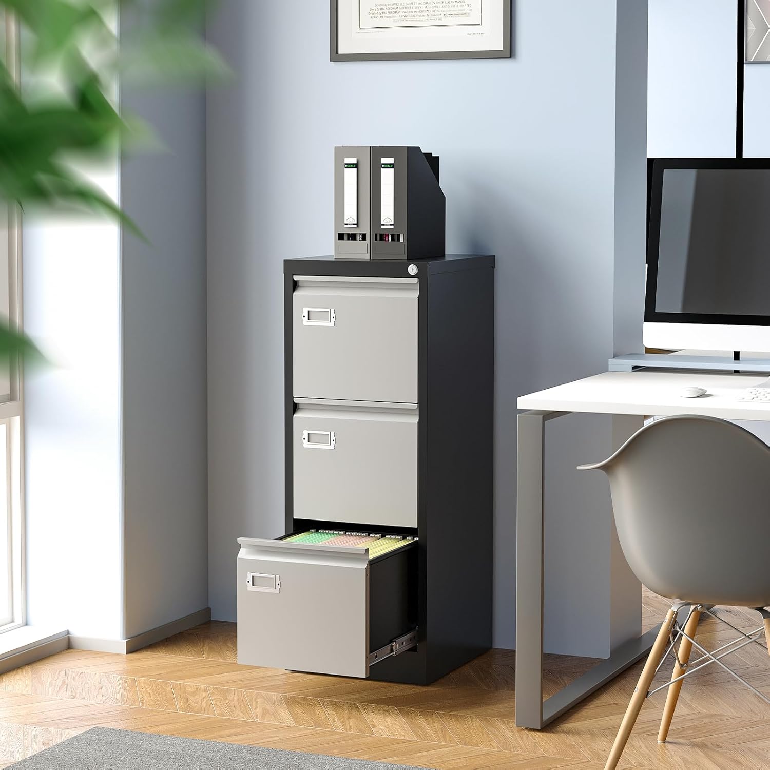 Archivador de 3 cajones, archivadores para oficina en casa, gabinete de almacenamiento vertical de metal con cerradura, archivador de bloqueo para