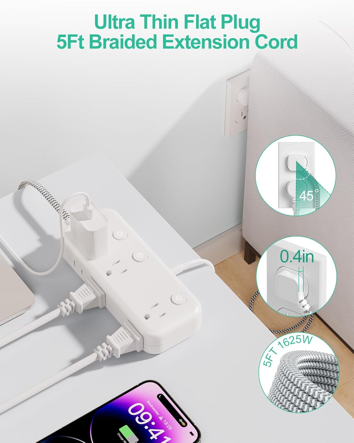 Regleta de alimentación de interruptor individual con 6 tomacorrientes, 3 USB (17 W USB C), cable trenzado de 5 pies, enchufe plano ultrafino, cable