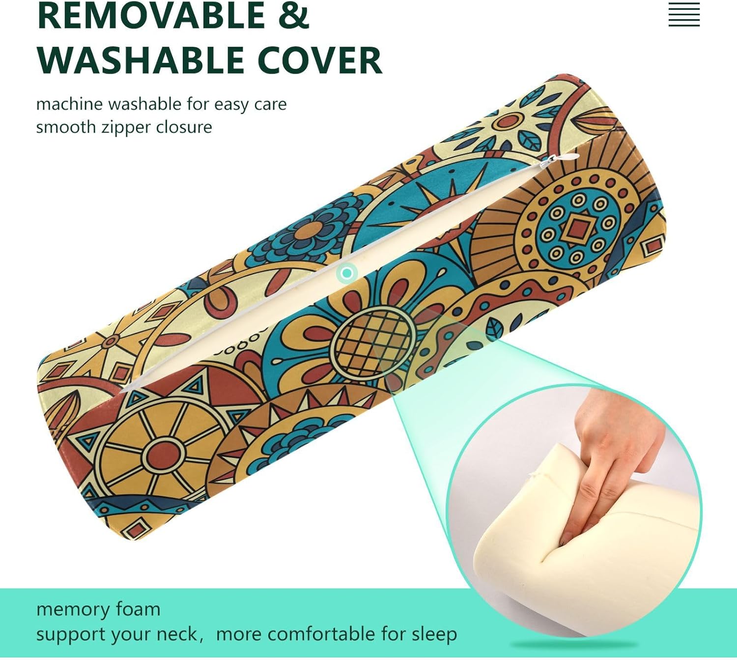 KLL Almohada redonda con diseño de flores abstractas y formas geométricas, almohada redonda para el cuello, almohada cilíndrica decorativa, fundas