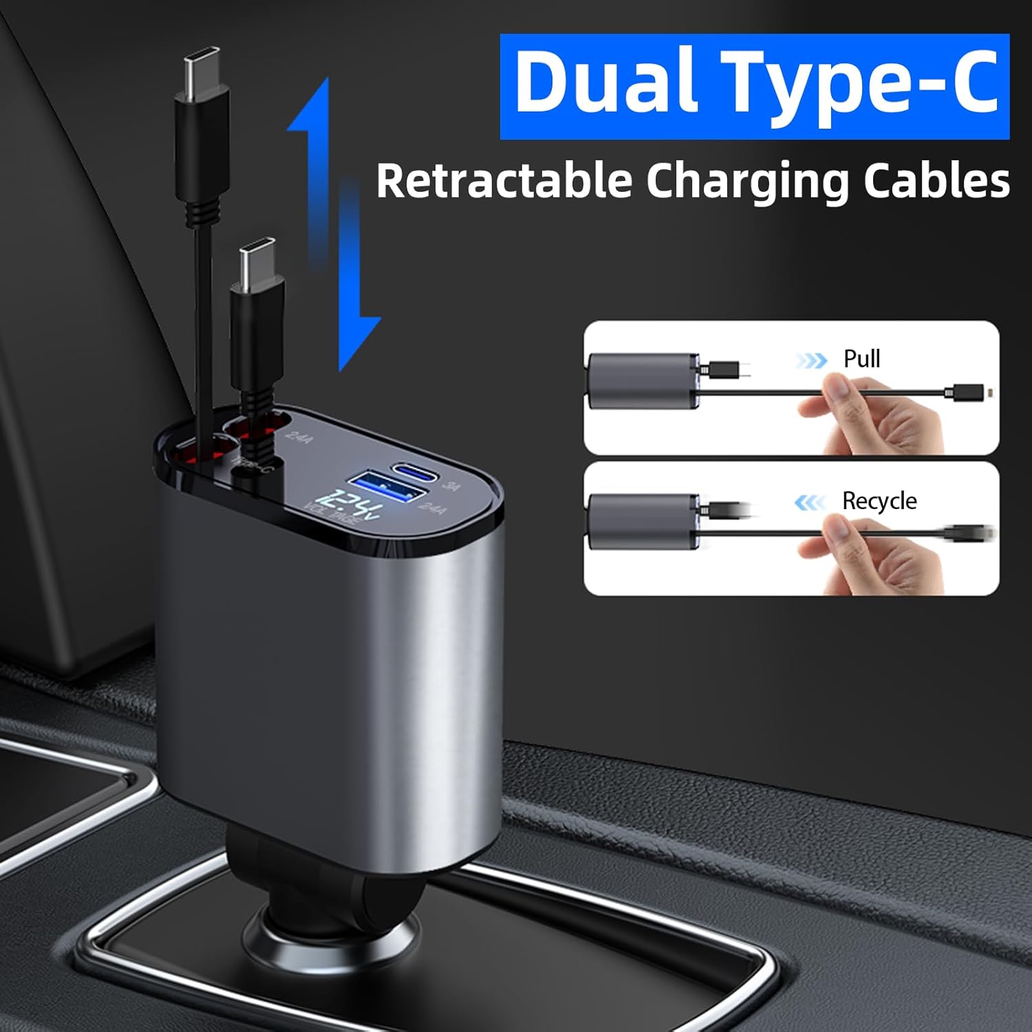 Cargador retráctil para automóvil con cables de carga retráctiles dobles tipo C y 2 puertos USB, cargador rápido 4 en 1 para teléfono con pantalla