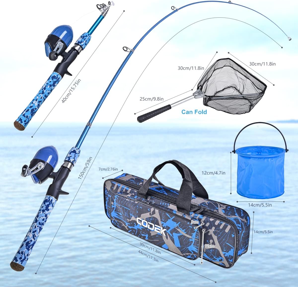 CODEK Kids Fishing Pole Set with Full Starter Kits 2 Set Portable Telescopic Fishing Rod and Spincast Reel Cambos with a Fishing Net and 2 Buckets