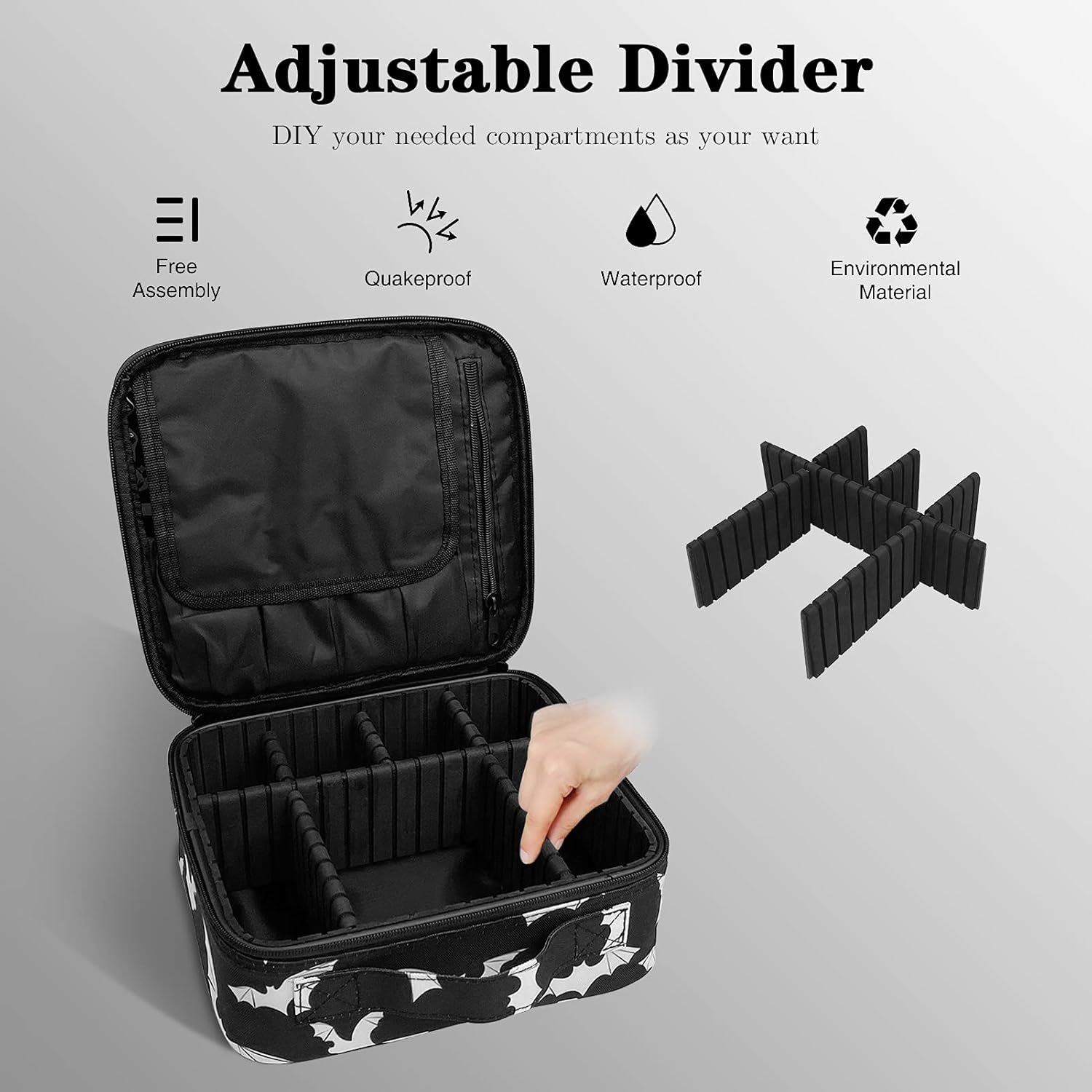 9CH Organizador de bolsas de maquillaje góticas, estuche de viaje grande con divisores ajustables para mujer, Bates góticos-1, Bolsa de maquillaje