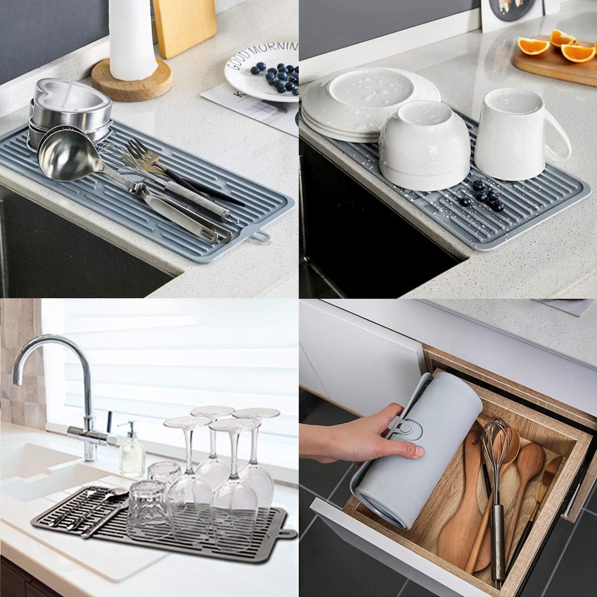 Tapete de silicona para secar platos, funciona para secar copas de cóctel, ollas, sartenes, cuchillos y escurridor para cocina, encimera, fregadero,