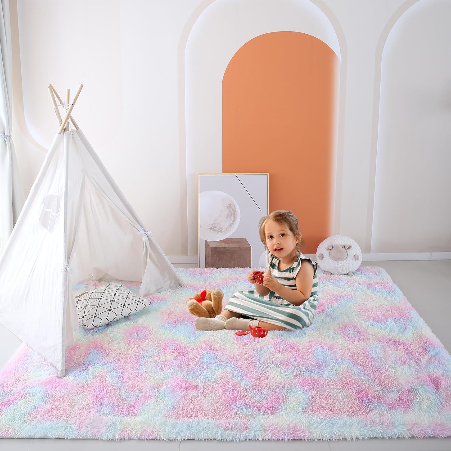 Alfombras esponjosas de arco iris para dormitorio de niñas, sala de estar, alfombra peluda de felpa pastel para habitación de niños de 4 x 6 pies,
