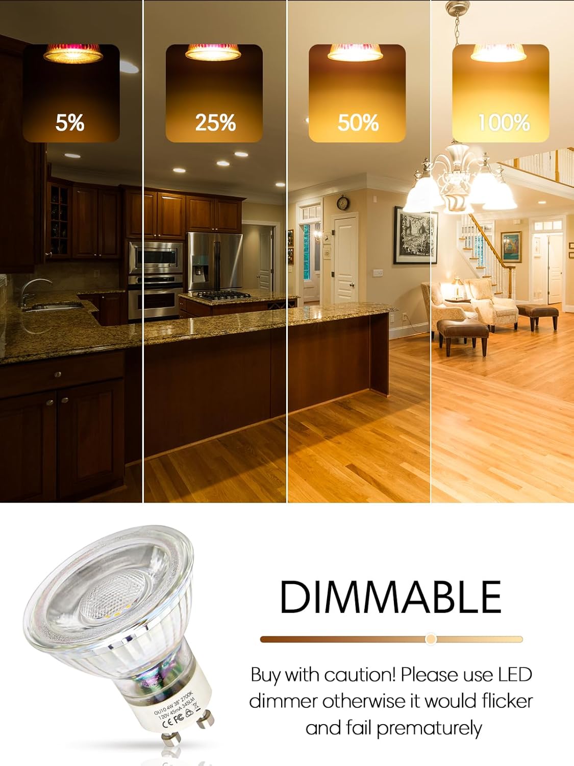 Bombillas LED GU10 regulables, luz blanca cálida de 2700 K, bombilla LED de 4 W, equivalente a halógeno de 50 W, ángulo de haz de 120 V, 345