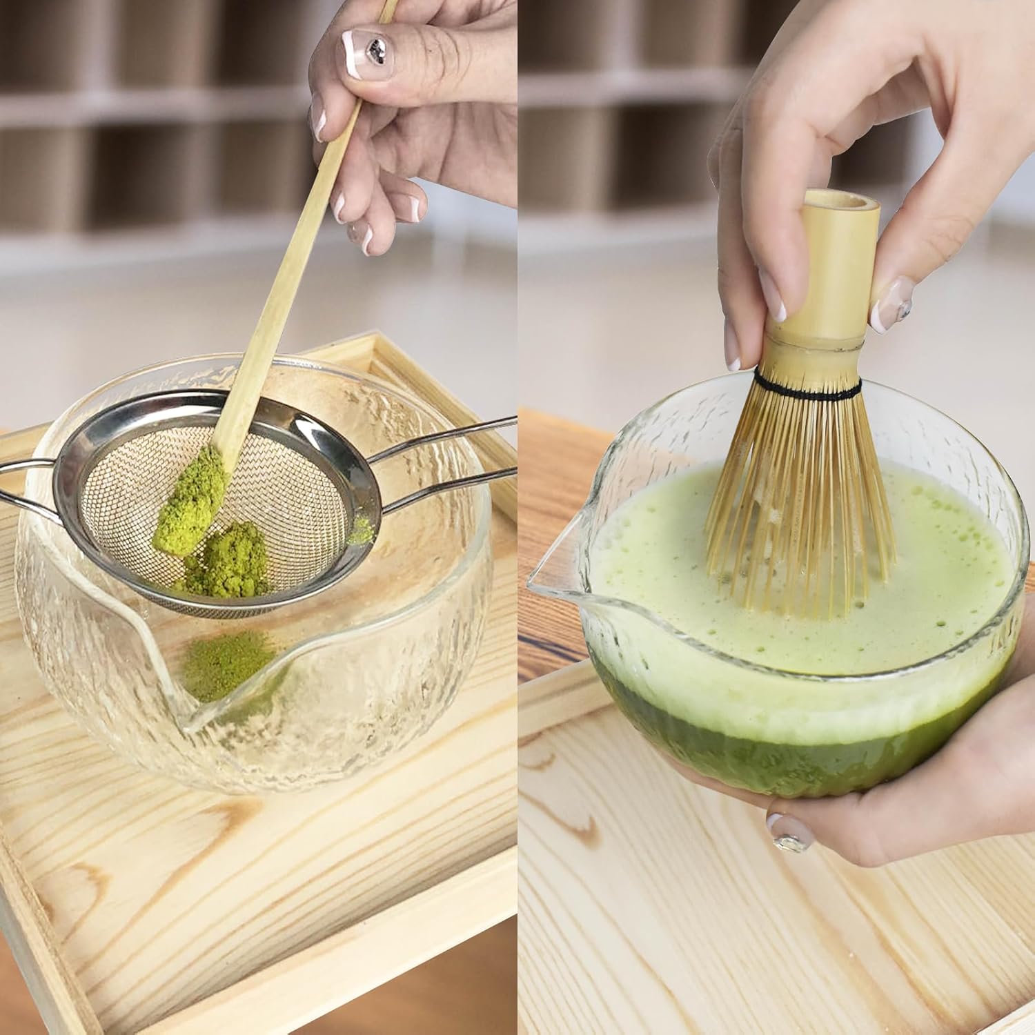 Artcome Juego de té matcha japonés, cuenco de vidrio con boquilla para verter, batidor de matcha, soporte para batidor de cerámica, organizador de