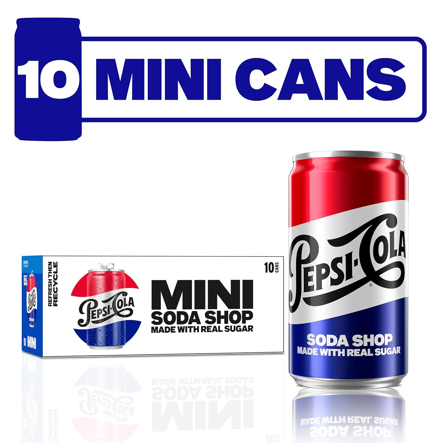 Pepsi Refresco de azúcar real, mini latas, mini latas de 7.5 onzas, (paquete de 10), refresco de refresco (el embalaje puede variar)