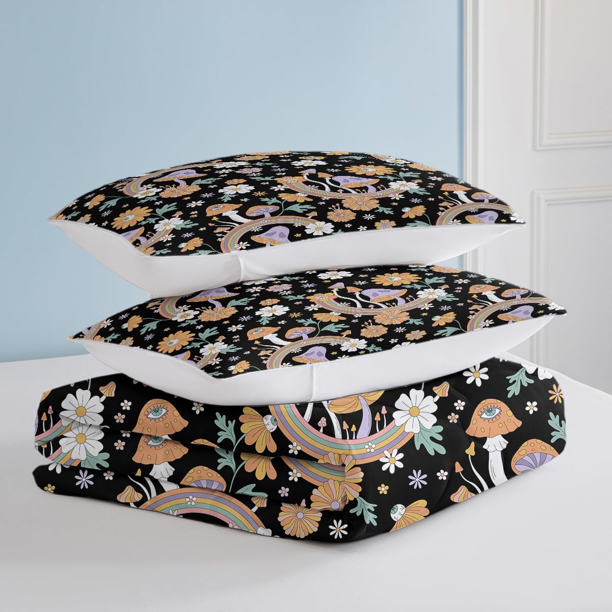 SOULZZZ Juego de ropa de cama retro de hongos hippie tamaño matrimonial, edredón floral de hongos margaritas para niñas y mujeres, edredón negro con
