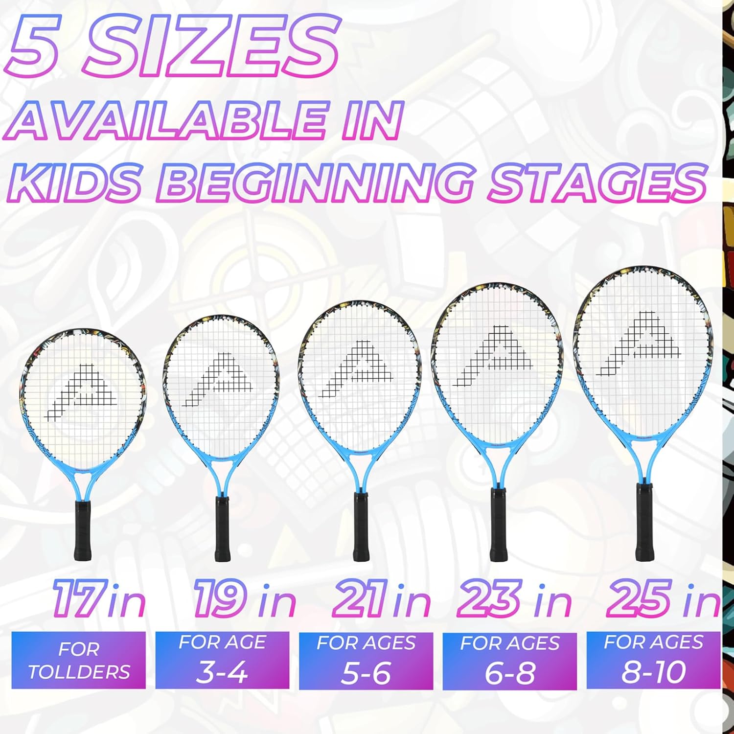 Raqueta de tenis para niños pequeños, kit de iniciación de 17-25 pulgadas para niña, rosa y amarillo con bolsa de nailon 420D