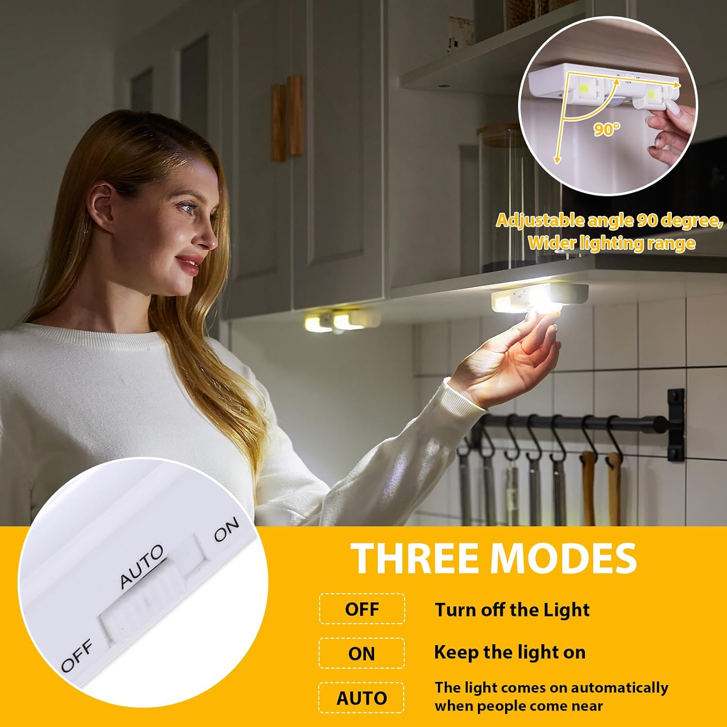 Paquete de 2 luces LED con sensor para armario, luces debajo del gabinete, iluminación de contador de ángulo ajustable, funciona con pilas, se pega