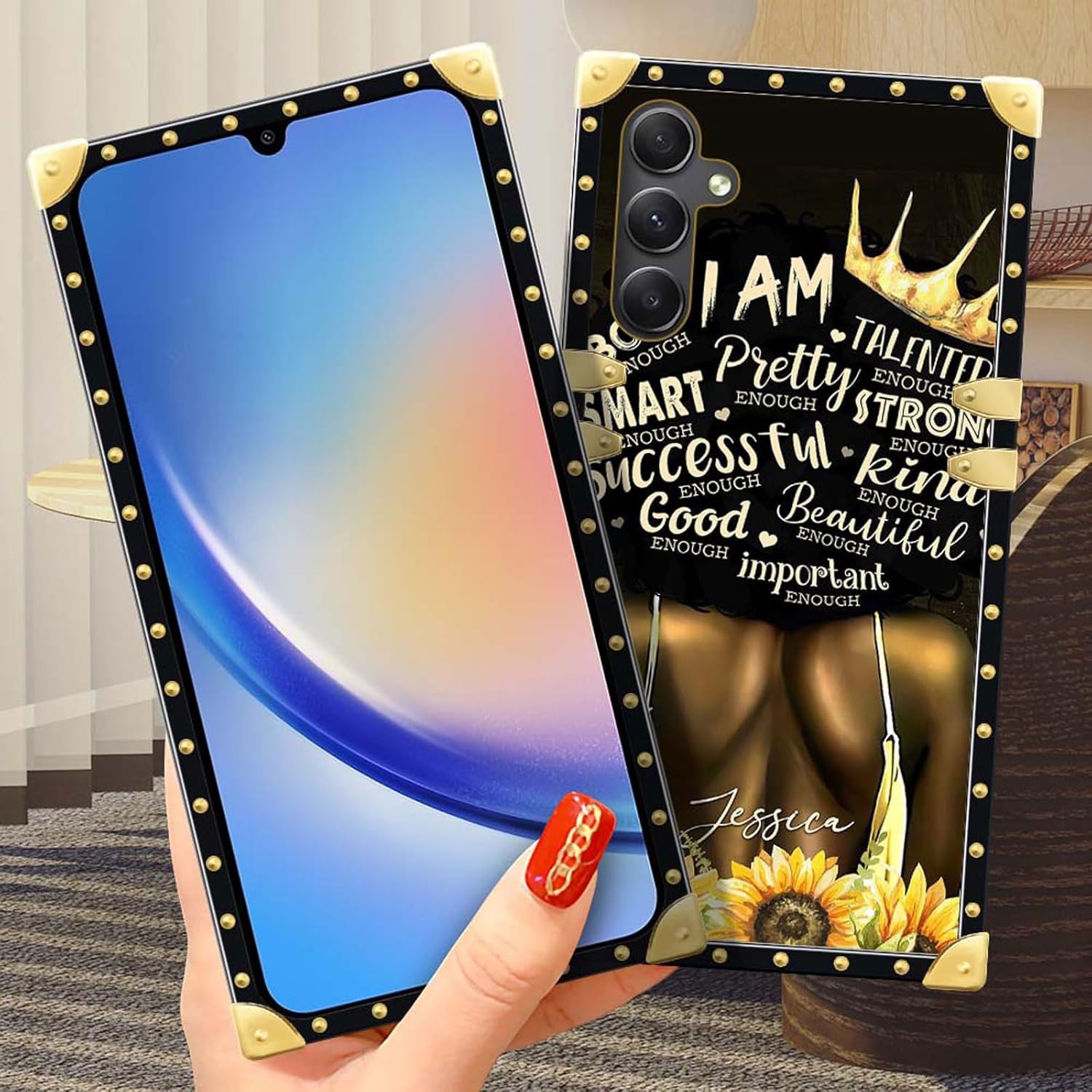 CARLOCA Funda para Samsung Galaxy A54 5G, diseño de girasol negro con espalda sexy, mejora tu estilo con la funda dorada de lujo a prueba de golpes