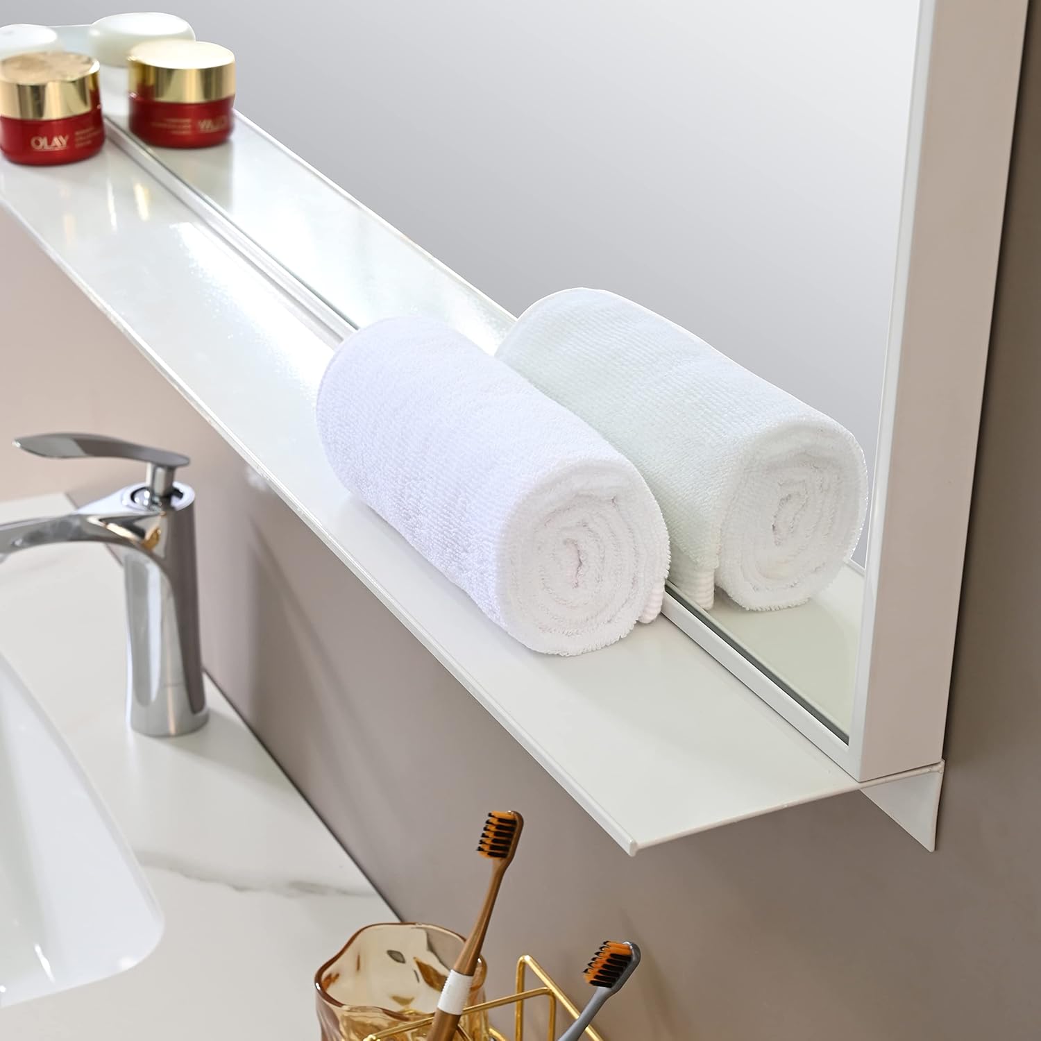 PetusHouse – Espejos rectangulares enmarcados de 48 x 32 pulgadas con estante extraíble, espejo de pared moderno para baño, dormitorio, sala de