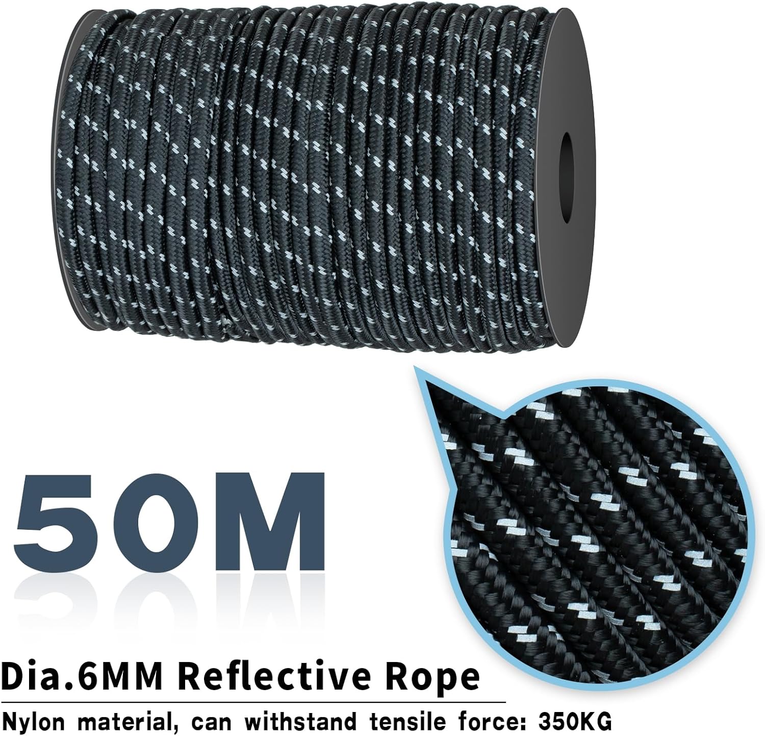 Cuerda de paracaídas al aire libre de 164.0 ft, cuerda reflectante más fuerte, cuerda de supervivencia, cuerda para tienda de campaña (negro)