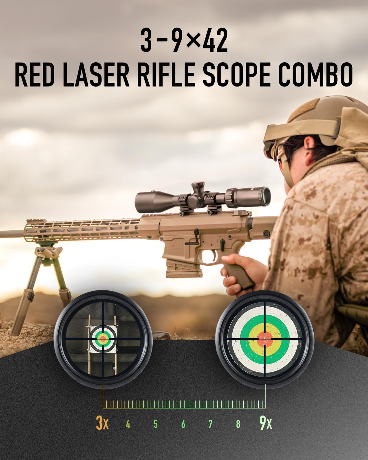 PINTY Alcance de rifle, alcance de pistola de 3-9 x 42 con láser rojo incorporado, mira táctica de caza con láser y ajuste de retícula y lente verde