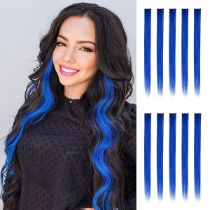 FESHFEN Extensiones de cabello de colores, 10 piezas de cabello azul oscuro para mujer, extensiones de cabello lacio colorido con clip para fiestas FESHFEN Extensiones de cabello de colores, 10 piezas de cabello azul oscuro para mujer, extensiones de cabello lacio colorido con clip para fiestas