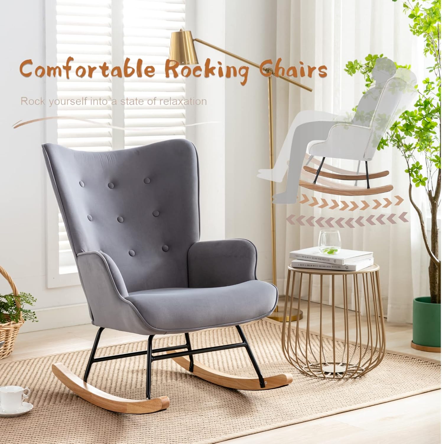 Mecedora de terciopelo para habitación del bebé, silla mecedora para interiores con respaldo de ala, con base de madera maciza, cómoda silla