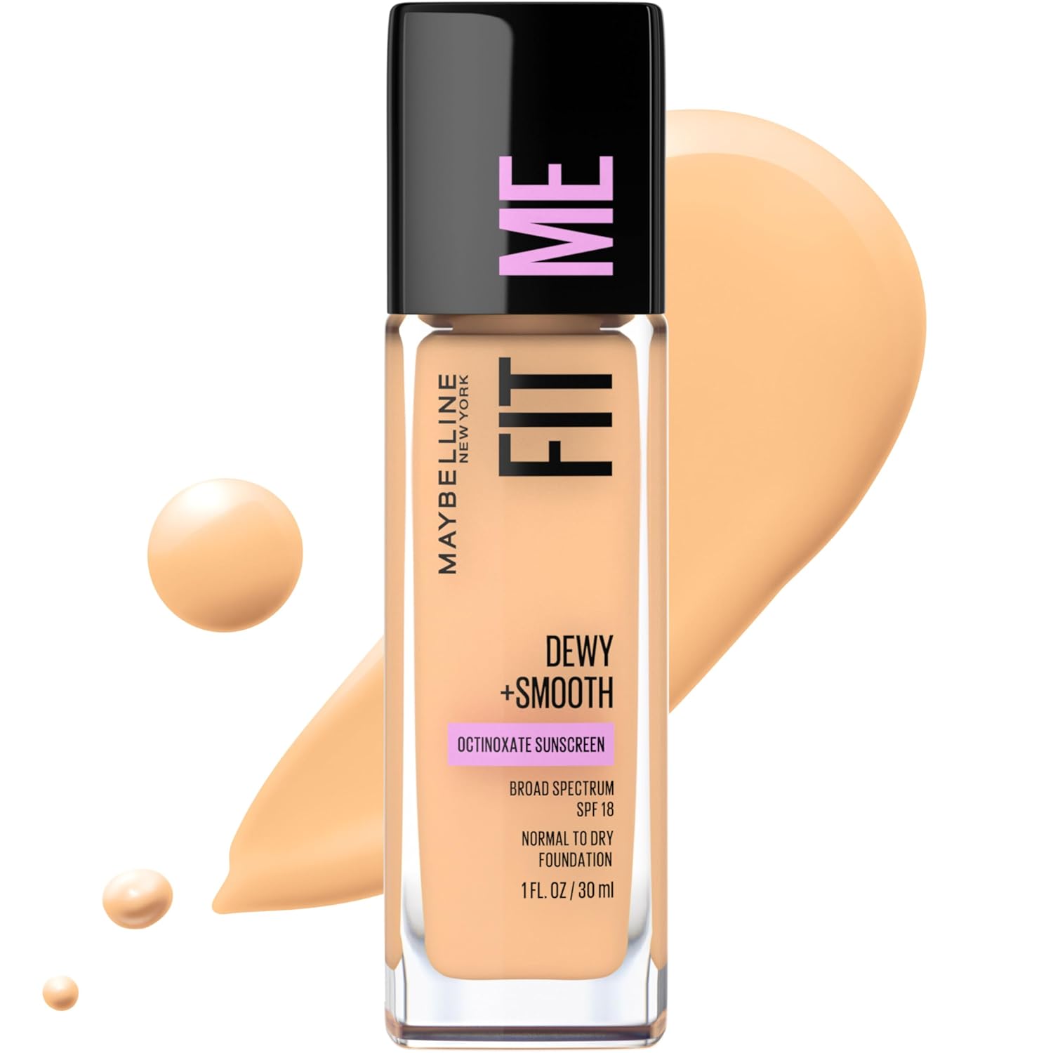 Maybelline Base líquida Fit Me Dewy + Smooth Liquid Foundation, beige (Sandy Beige), 1 unidad (el embalaje puede variar)