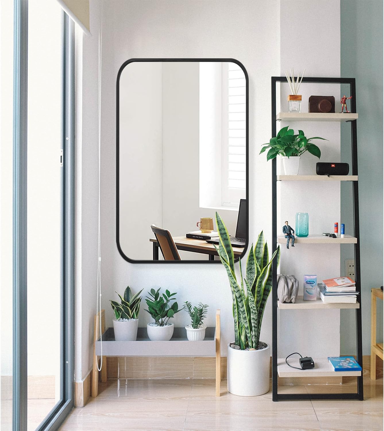 Espejo de baño grande con marco de metal para pared, rectángulo redondeado que se cuelga horizontal o verticalmente, espejo para baño, tocador,