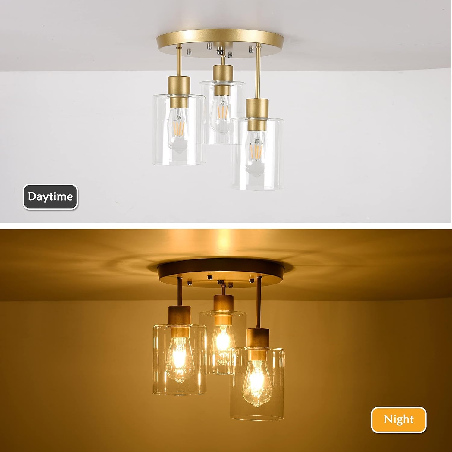 Lámpara de techo semiempotrada con pantalla de vidrio transparente, acabado dorado de latón, 3 lámparas de cocina, lámparas de pasillo, lámparas