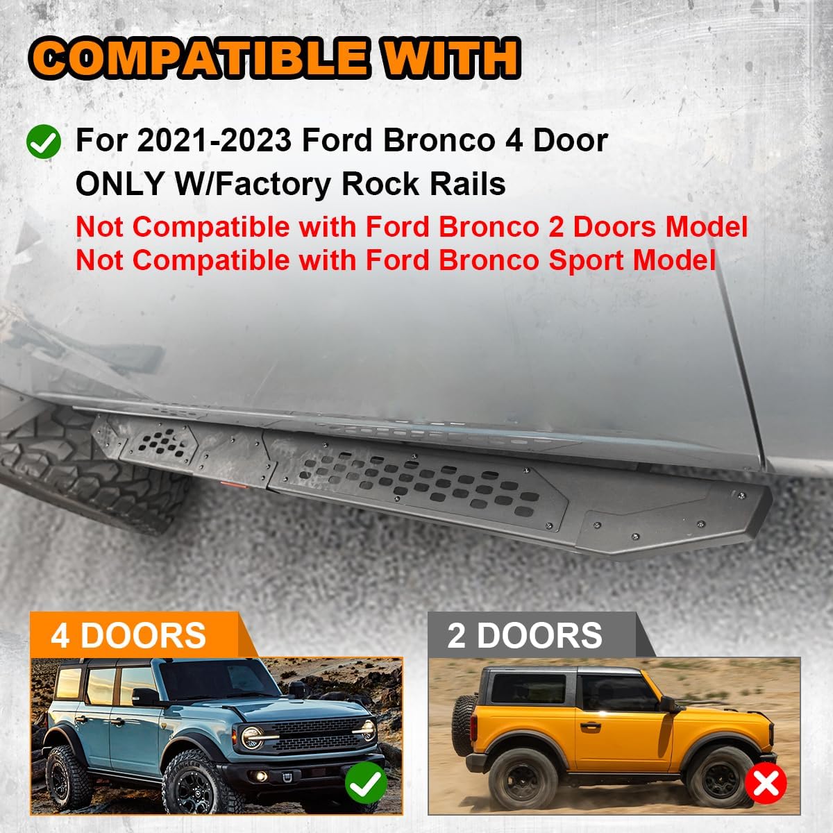 ROXX Estribos laterales para Ford Bronco 2021-2023 de 4 puertas con rieles de roca de fábrica, no apto para Bronco 2 puertas, barras Nerf para