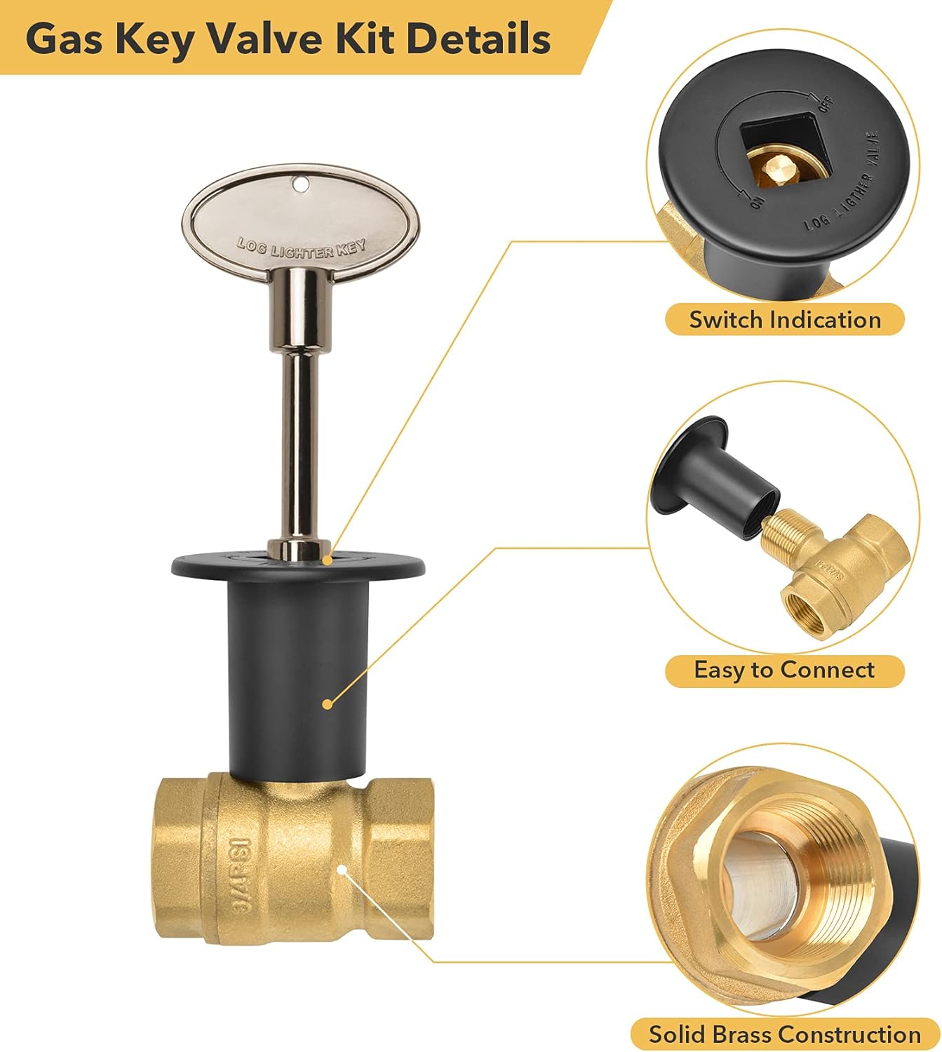 Skyflame Kit de válvula de llave de gas recta de 34 pulgadas para chimenea de hoguera con brida negra plana, llave universal de 3 pulgadas y 12