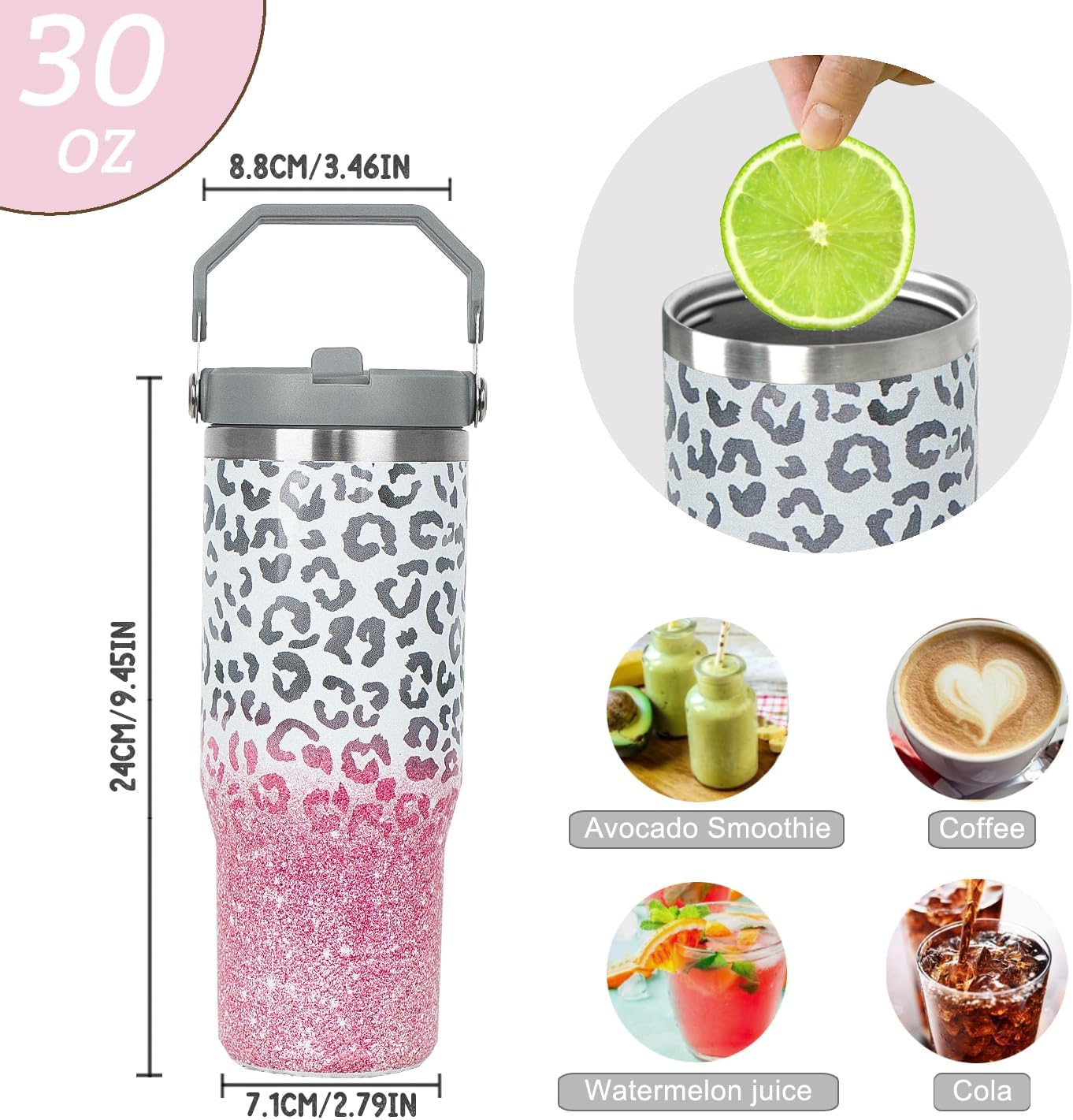 Rcvlauf Vaso con estampado de leopardo de 30 onzas con asa, popote abatible, taza de café con estampado de leopardo rosa, con asa, a prueba de