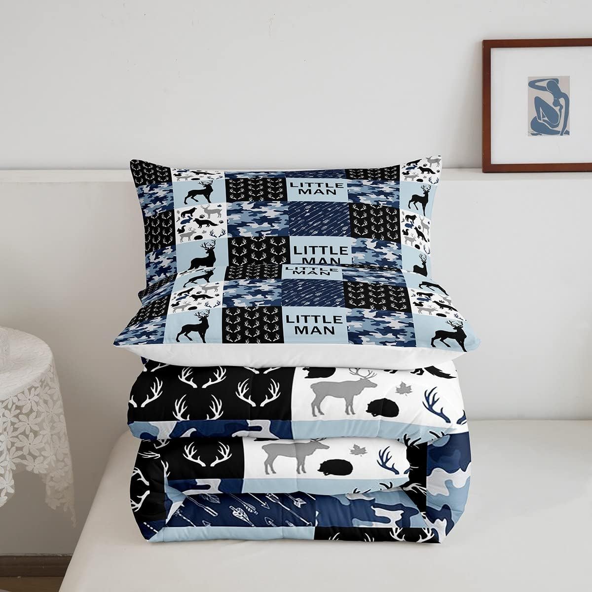 Manfei Juego de edredón de camuflaje con cuernos de ciervo tamaño matrimonial, ropa de cama de retazos geométricos de 3 piezas para decoración de