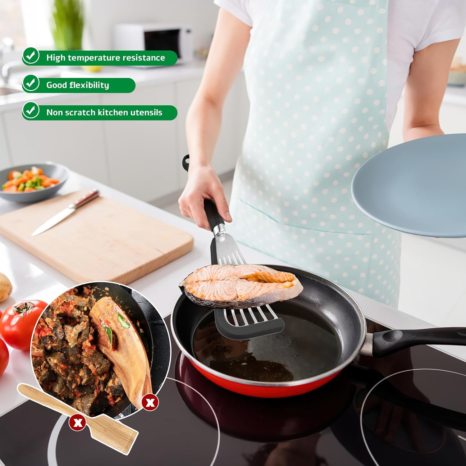 Espátula de pescado de acero inoxidable con borde de silicona, espátula de pescado de 13 pulgadas para utensilios de cocina antiadherentes, espátula