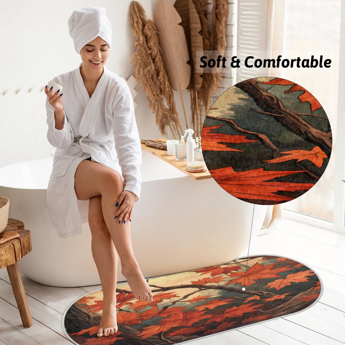 cfpolar Autumn Maple Leaves Branches Bathroom Rugs Non-Slip Bath Rug Microfiber Bath Mat Absorbent Kitchen Mats and Rugs Machine Washable Oval Plush
