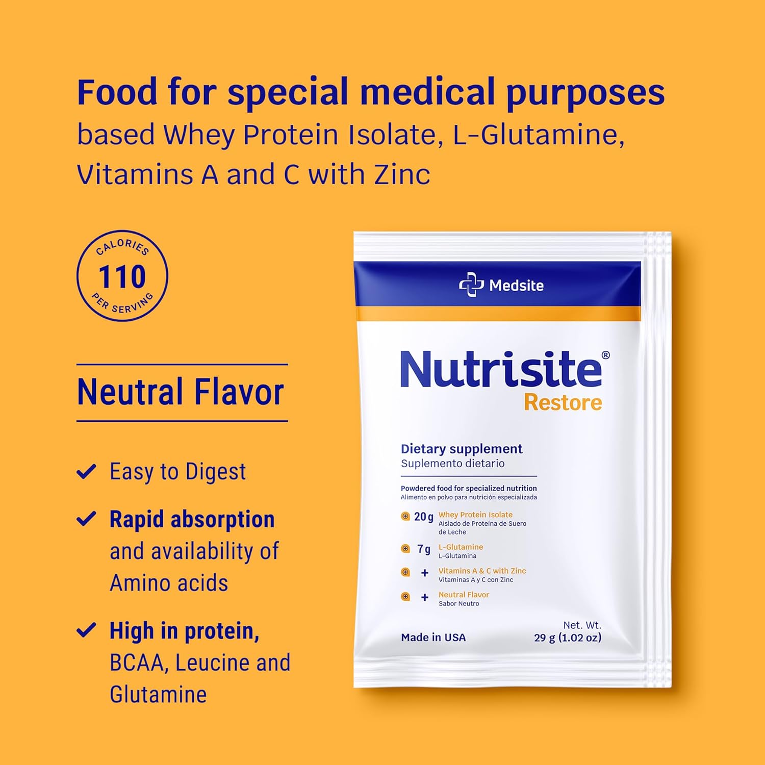 Nutrisite Restore Polvo para Apoyo a la Curación de Heridas, Incluye Proteína Aislada de Suero, L-Glutamina, Vitaminas A, C y Zinc  Sin Gluten ni