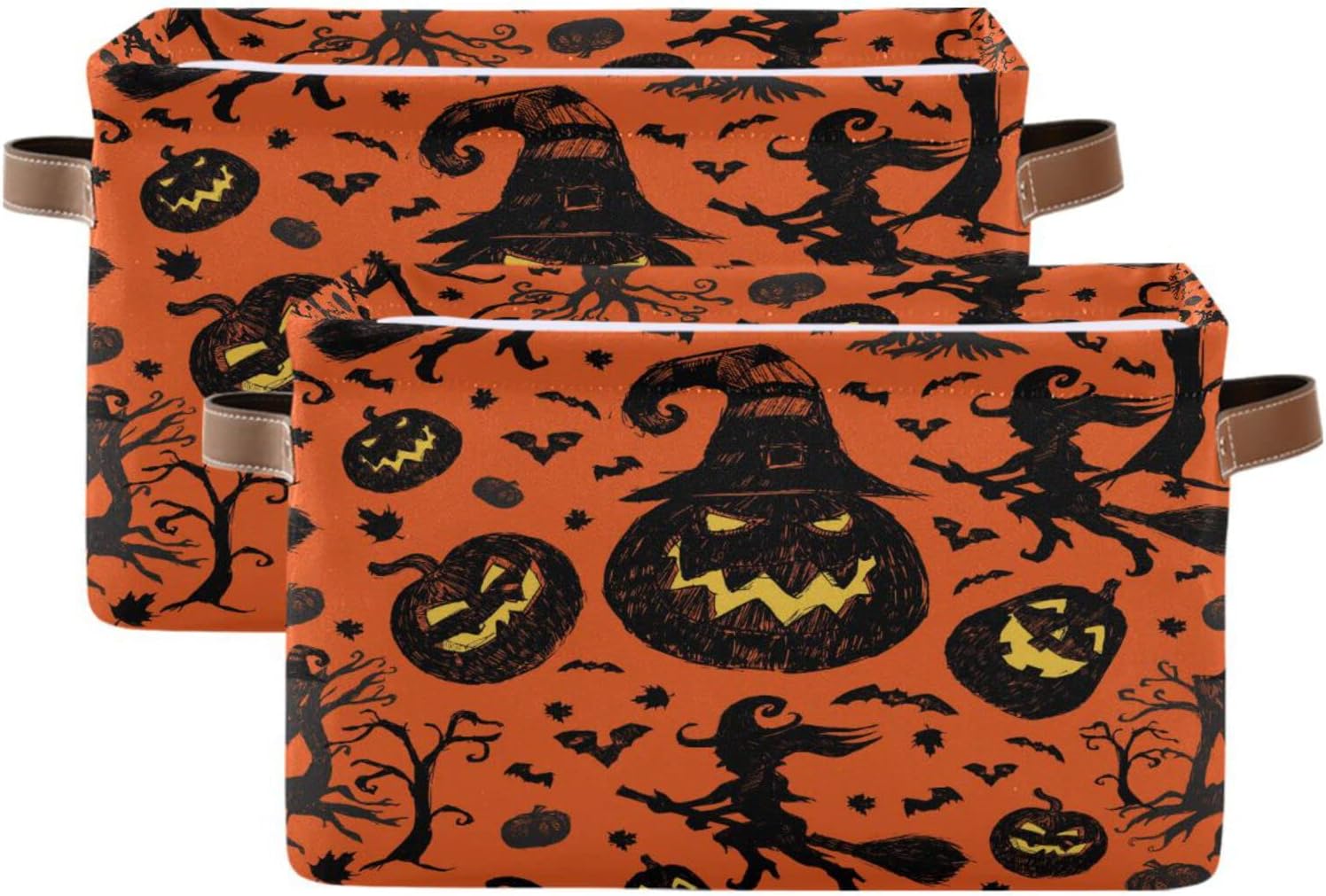 Wusikd Cesta de almacenamiento de Halloween naranja y negra, juego de 1 canasta grande de tela de calabaza y bruja, cubo con asas, plegable, estante