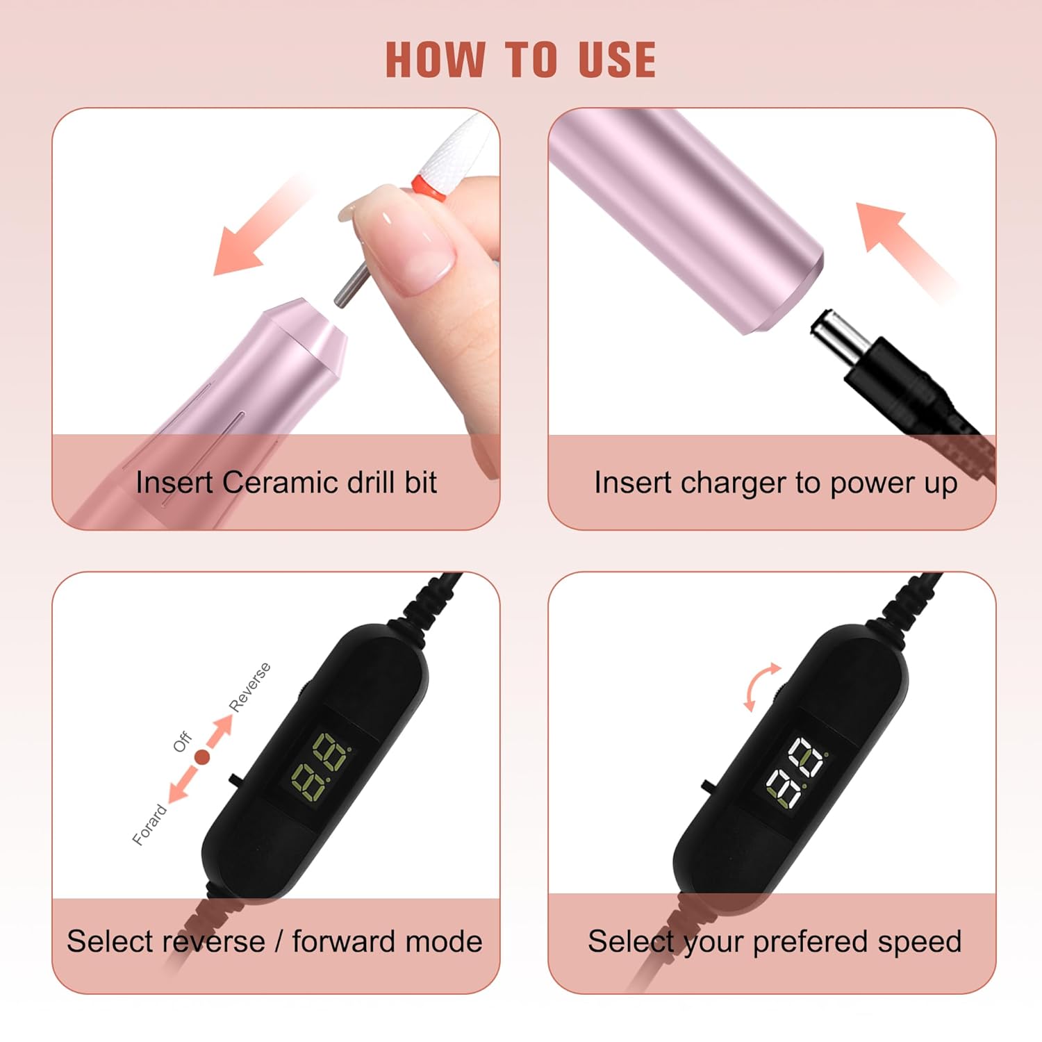 Uñas eléctricas portátiles con cabezal de pulido de cerámica, pantalla de visualización de archivos de uñas DC12V USB Strong Power Efile para uñas