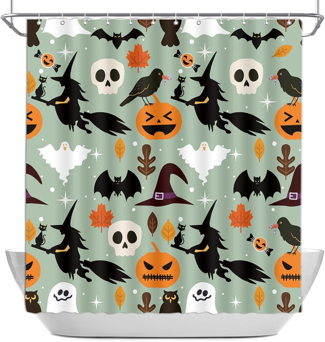 DePhoto Cortina de ducha de Halloween, calabaza, bruja negra, para niños, murciélago, cuervo, hojas de arce, sombrero de mago, calavera, fantasma,