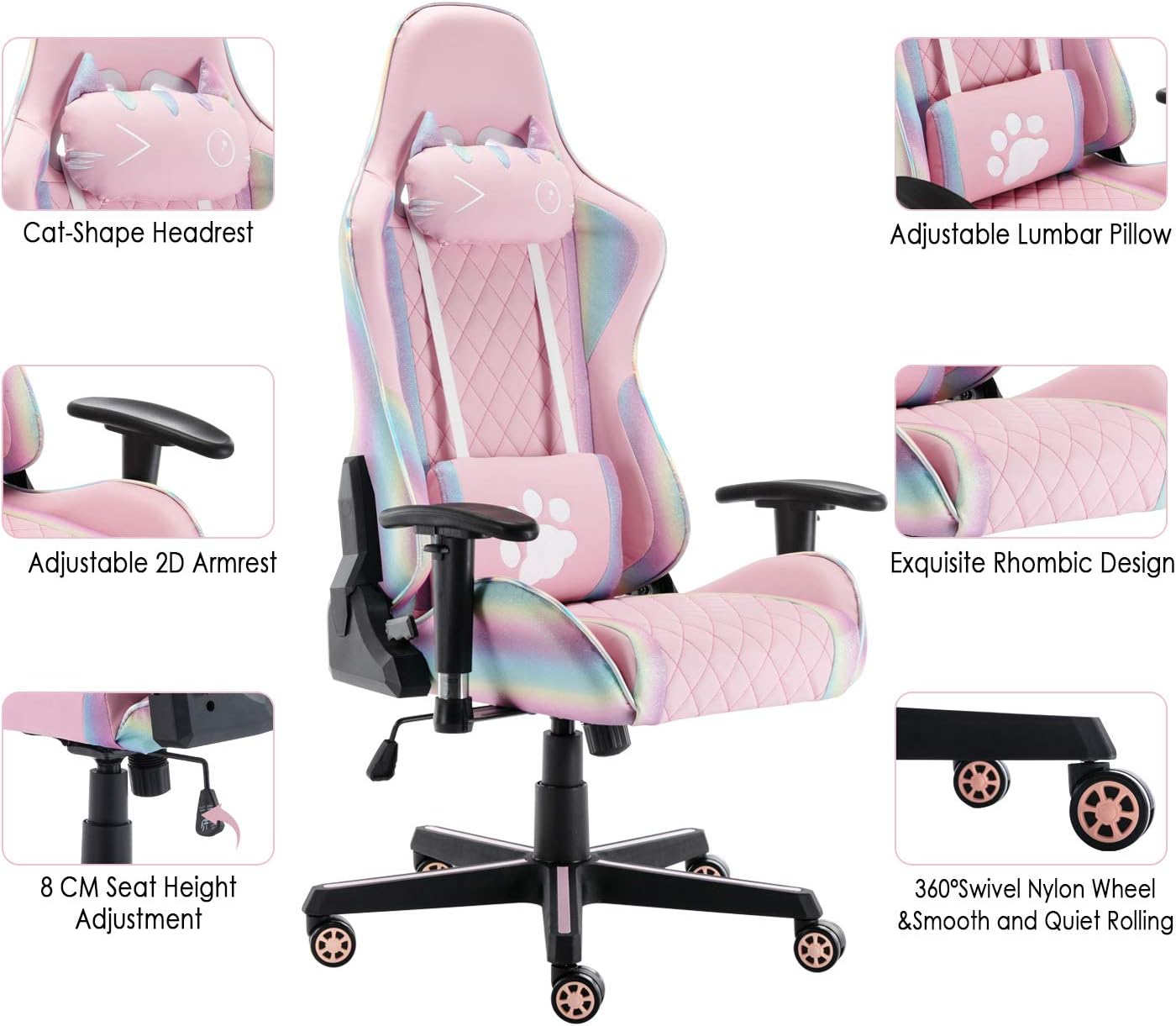 chairus Silla de juegos rosa de piel sintética, con respaldo alto, ergonómica, de carreras, con reposacabezas, soporte lumbar y reposabrazos 2D,