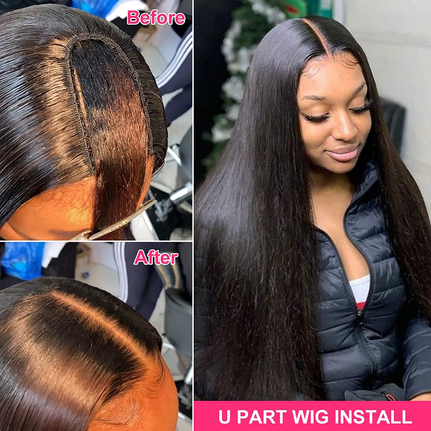 Sooolavely Pelucas de cabello humano con parte en U para mujeres negras, para principiantes, sin procesar, virgen, brasileño, sin pegamento,