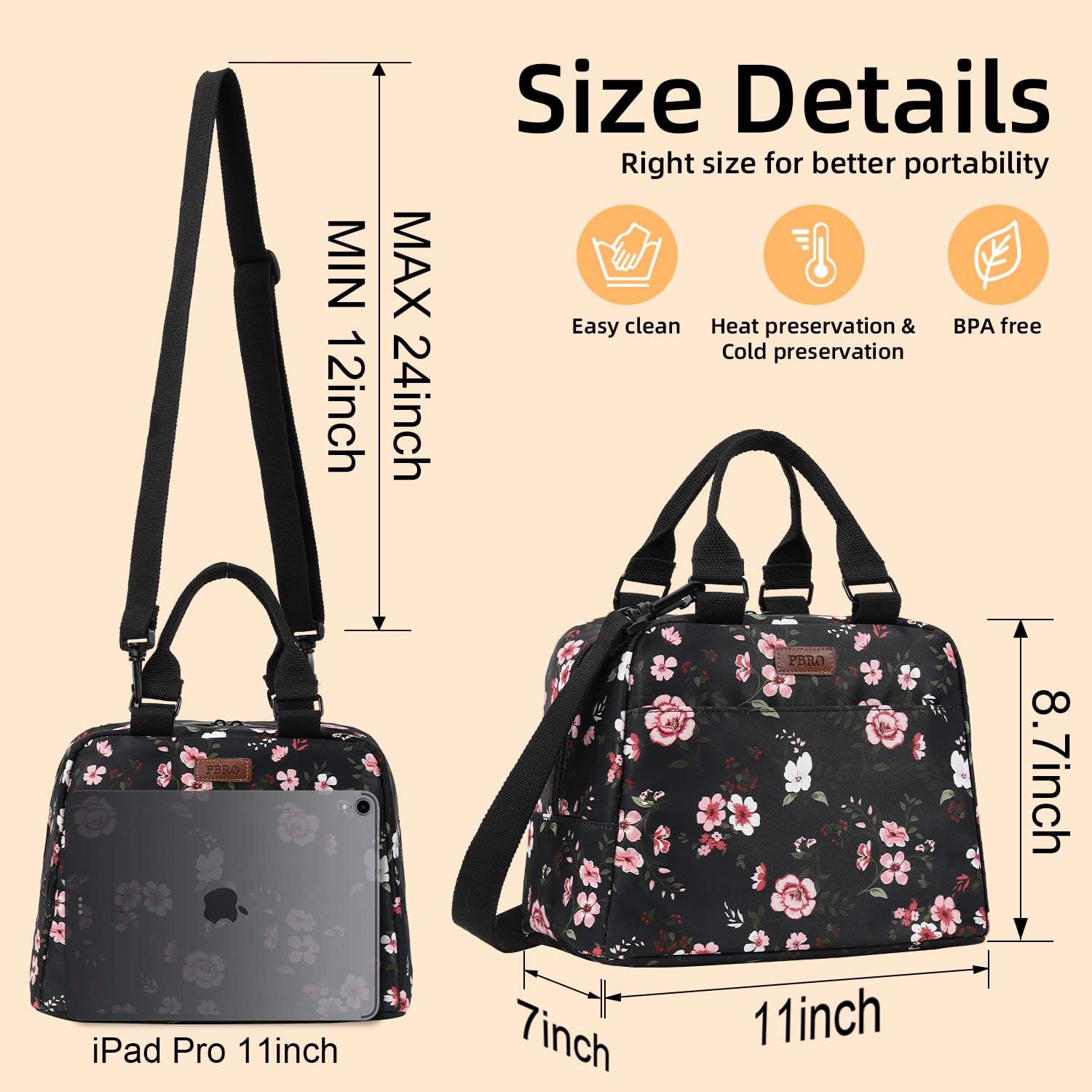 PBRO Lonchera térmica para mujer, bolsa de almuerzo reutilizable de apertura amplia con cinturón de hombro ajustable, bonita lonchera portátil con