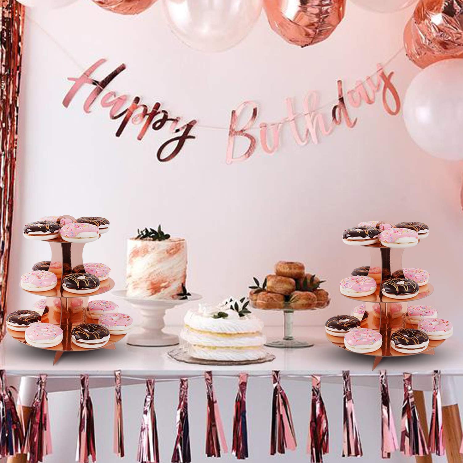 Juego de 2 soportes redondos de cartón de 3 niveles de oro rosa para 24 cupcakes, perfecto para mujeres y niñas, cumpleaños, despedida de soltera,