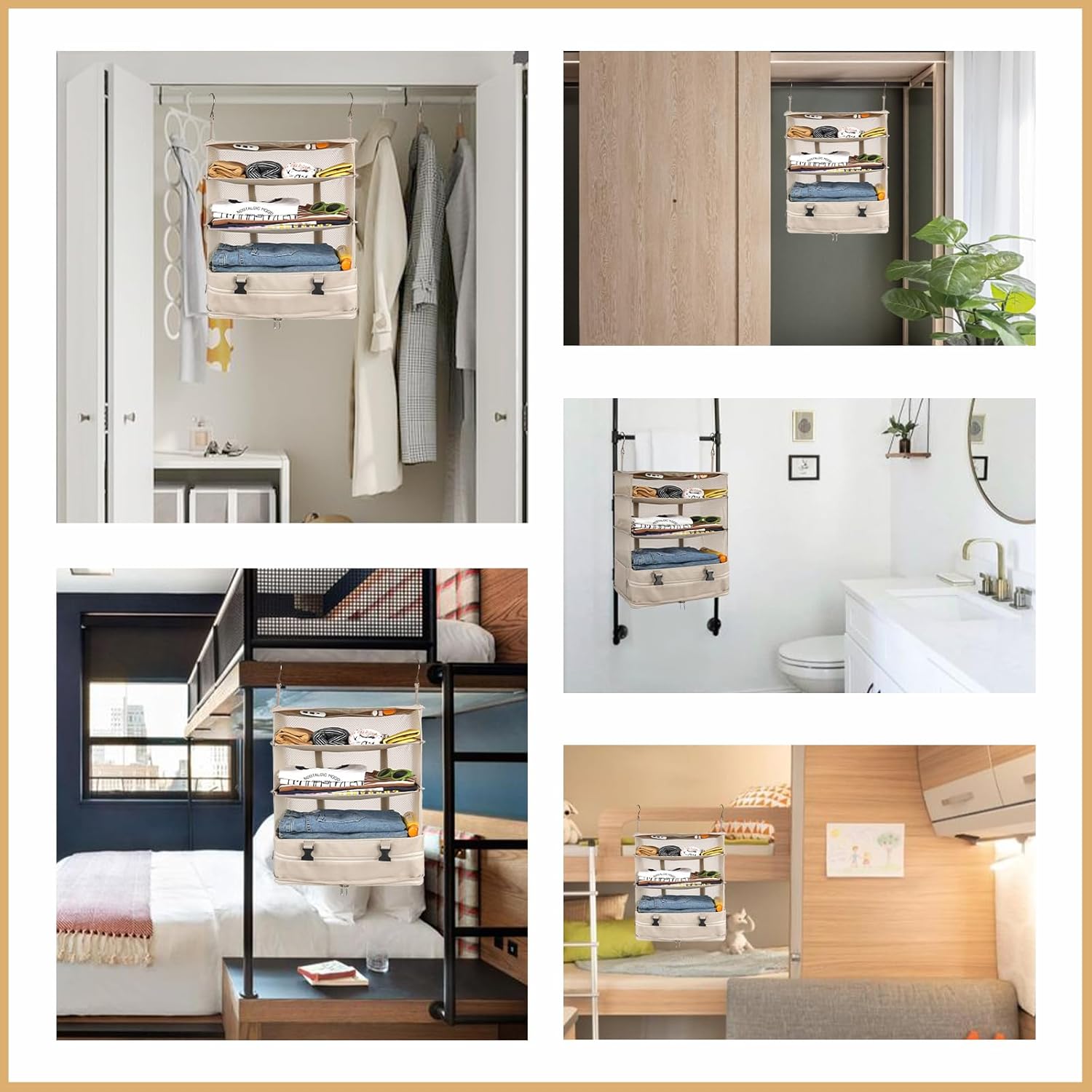 Surblue Bolsa de almacenamiento plegable para armario, 3 estantes, tela Oxford lavable con 2 ganchos (XL 17.71 x 11.81 x 20 pulgadas, beige)