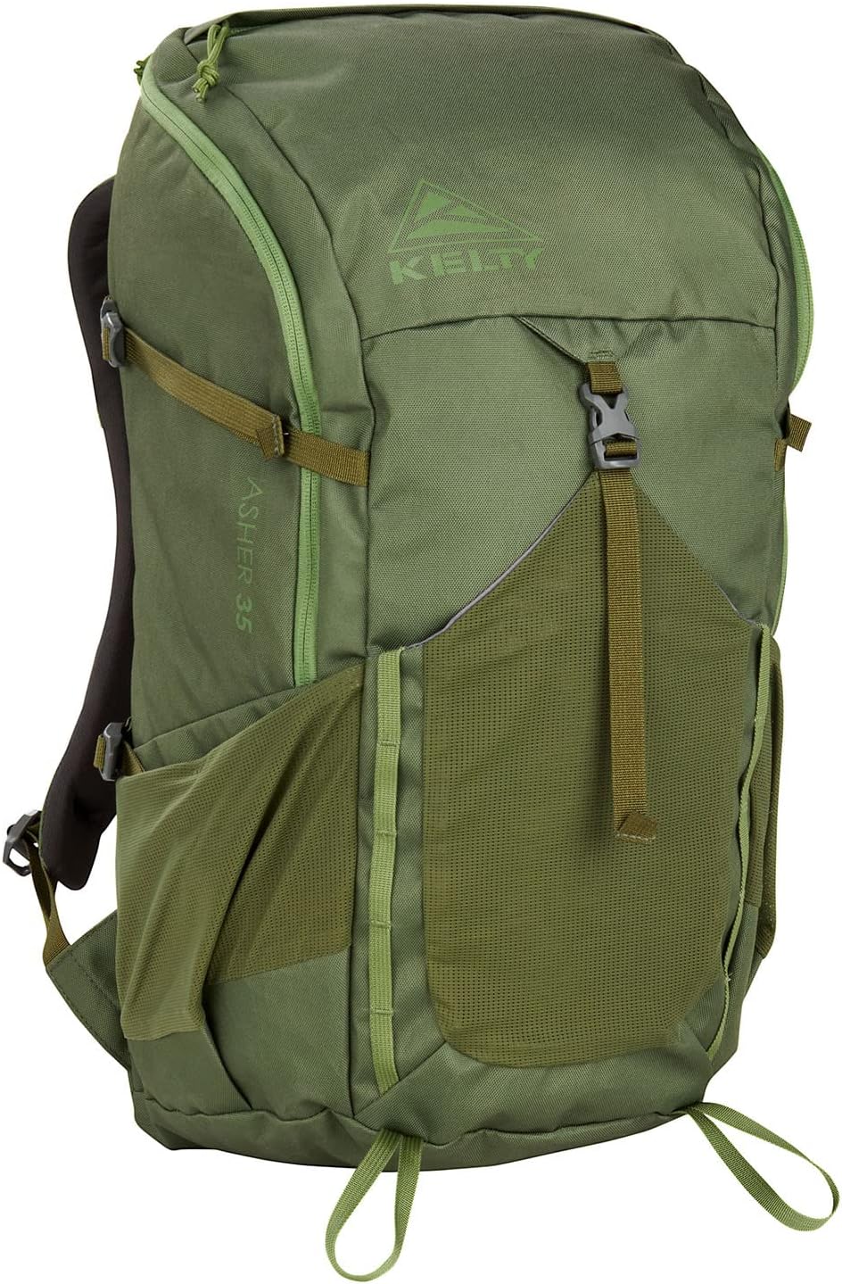 Kelty Asher Pack, capacidad de 35-85 litros, senderismo, mochilero, paquete de viaje, compatible con hidratación, modelo 2022, Musgo de