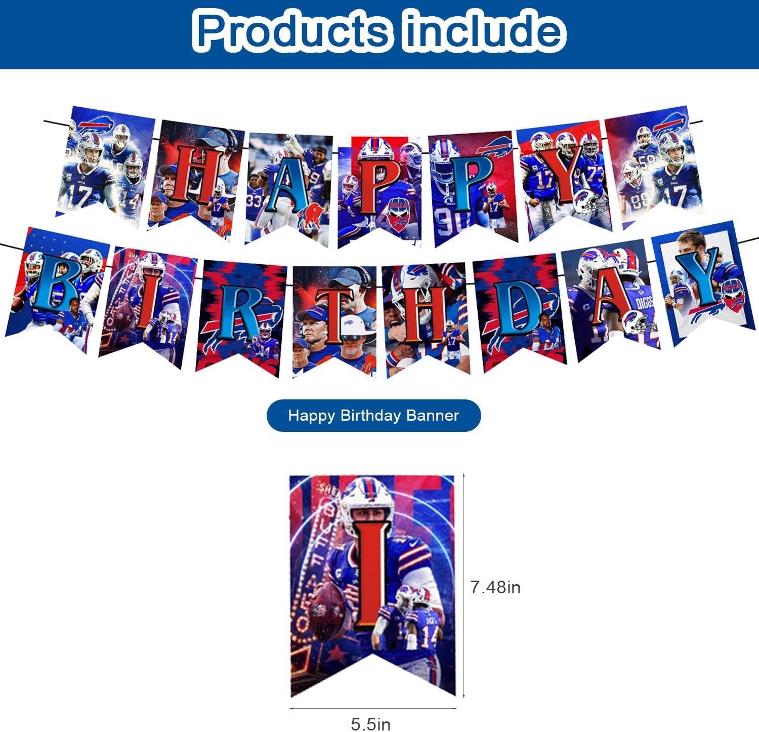 Bills – Decoraciones para fiestas, suministros de fiesta de cumpleaños para fiesta de fútbol de búfalo, incluye pancarta, decoración para tartas, 12