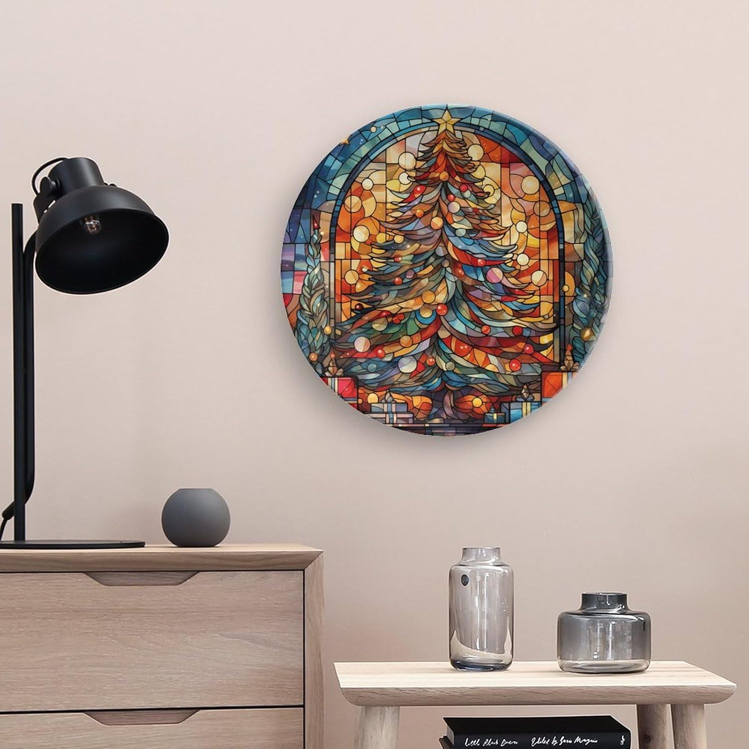 Árbol de Navidad de acuarela en placa para decoración de pared en casa y oficina, plato decorativo con soporte de exhibición, adorno de cerámica,